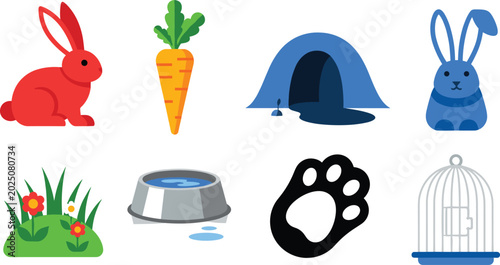 Photos Cute Bunny and Pet Elements Vector Set Featuring Rabbits, Carrot, Pet Food Bowl,
