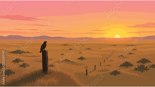 Quadro su tela Serene Desert Sunset Vista with Bird on Fence Post - Commercial Landscape