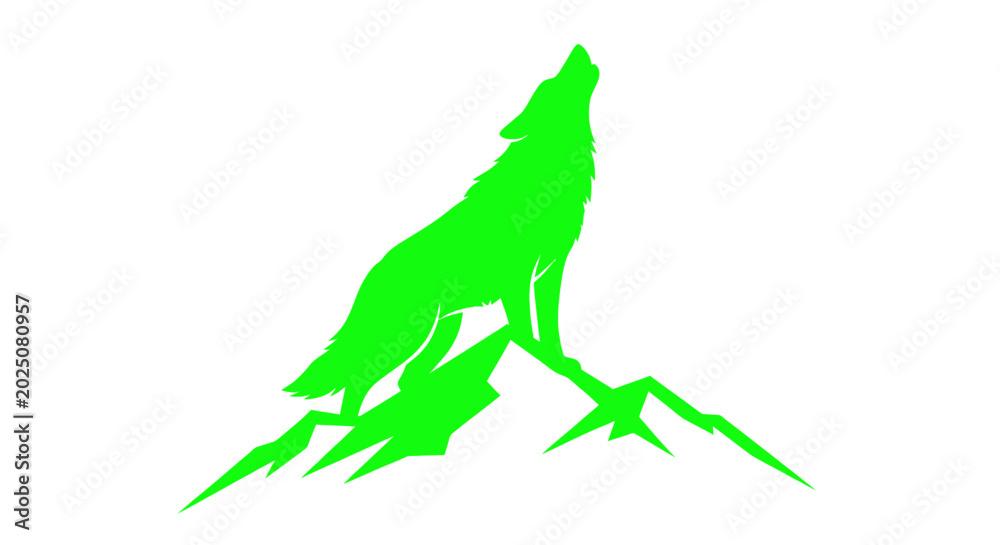 Fototapeta premium Green Wolf Howling Silhouette on Mountain Peak