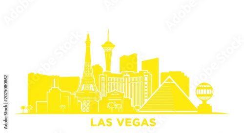 Photography Las Vegas Skyline Silhouette, Iconic Landmarks, Yellow on White Background