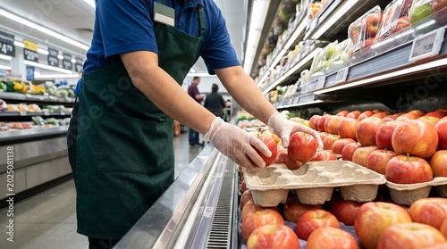 Supermarket worker restocking red apples, Grocery store employee arranging fresh produce, Retail clerk with gloves handling fruit on display
