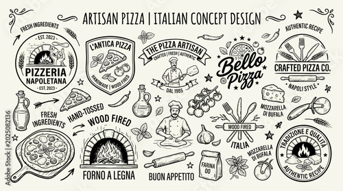 Artisan Pizza Italian Restaurant Design Elements Hand Drawn Sketch