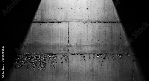 a black and white photo of a concrete wall with a light shining on it in the dark with water on the 