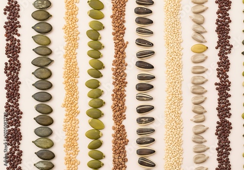 Colorful Assortment of Various Seeds and Grains in Vertical Lines.