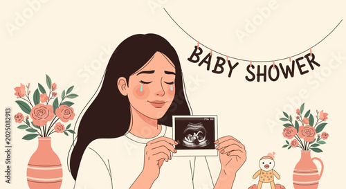 Expecting mother holding ultrasound image of her baby with joyous anticipation