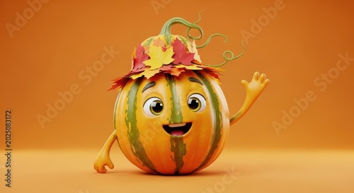 a cartoon pumpkin wearing a leaf hat and smiling with one hand waving autumn season fall theme hallo