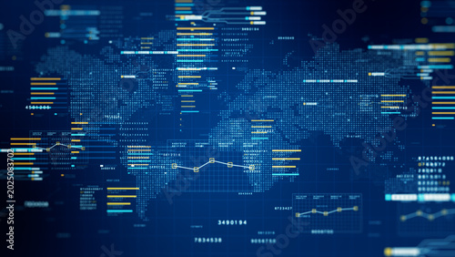Global Data Analytics Dashboard with World Map, Digital Business Intelligence Interface, Big Data Visualization, Financial Metrics, Cyber Technology and Global Network Background. 3d rendering