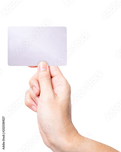 A close-up man hand holds a silver card isolated on white background with a clipping path.