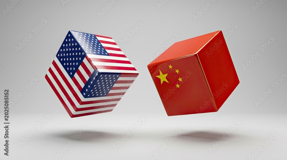 Naklejka premium Two glossy cubes featuring the national flags of the united states and china floating together in this crisp professional photograph