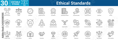 Ethical Standards editable icon set concept for business with icon of Ethical Evaluation, Justice, Compliance, Certified Document, Accreditation, Standardized Checklist, Guaranteed Quality, Quality A.