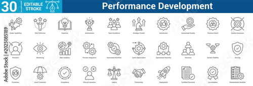 Photos Performance Development editable icon set concept for business with icon of Career Upskilling, Elite Performer, Expertise, Achievement, Team Excellence, Strategic Growth, Satisfaction, Guar