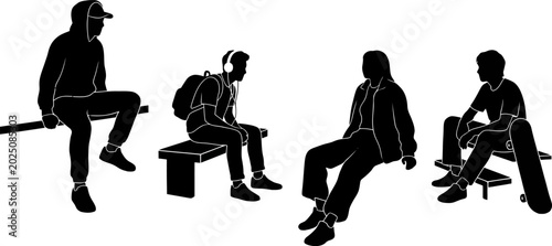Four people sitting on benches in different poses in black silhouette