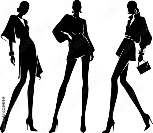 Three black silhouettes of women in stylish outfits and high heels