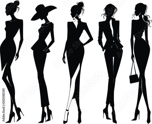 Silhouettes of five fashionably dressed women in various poses