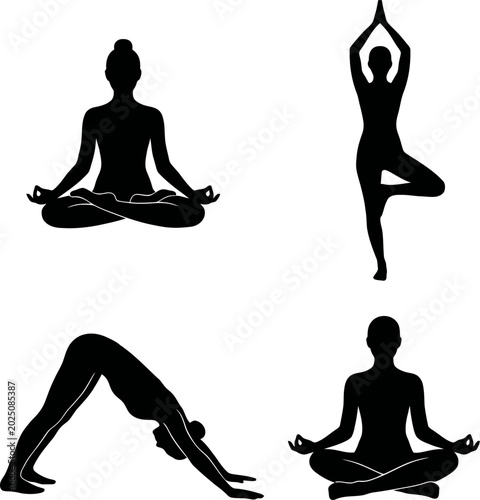 Silhouette of four people performing various yoga poses