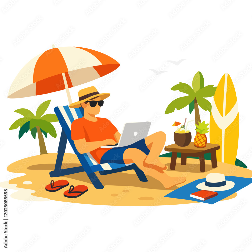 Fototapeta premium Beach Remote Worker Illustration in Minimalist Flat Vector Style