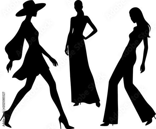 Three black silhouettes of women in different poses and outfits