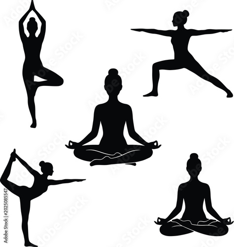 Silhouettes of women in various yoga poses