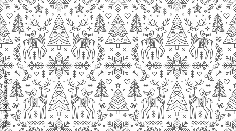 Obraz premium Seamless Christmas Pattern with Reindeer and Trees - Line Art Vector