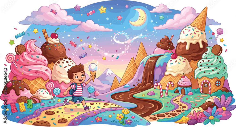 Obraz premium Cute cartoon boy exploring magical sweet candy land dream landscape filled with ice cream mountains chocolate rivers and lollipops vector illustration