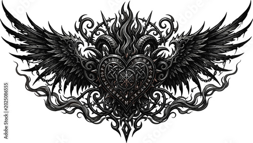 Dark gothic fantasy winged heart crest vector illustration featuring horned demonic runes flames and intricate ornate filigree tattoo design