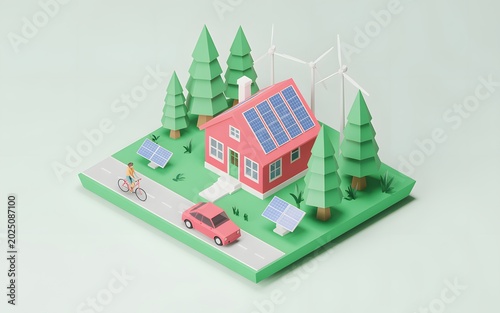 3d illustration of a sustainable home with solar panels and wind turbines in a green environment