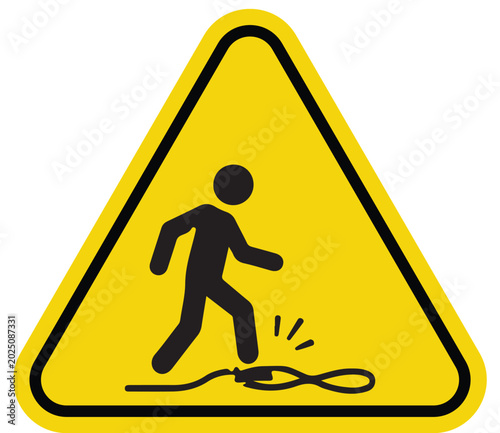 Warning sign for tripping hazard caution symbol with person and cable on yellow triangle safety alert for danger