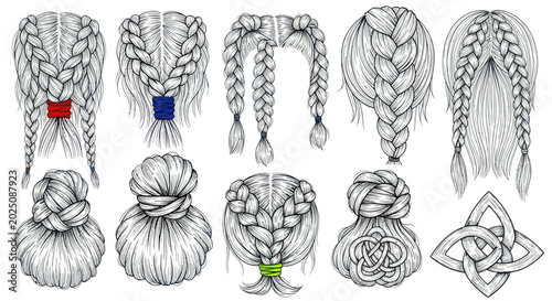 Fotografía Collection of Hand-Drawn Braided Hairstyles and Celtic Knot