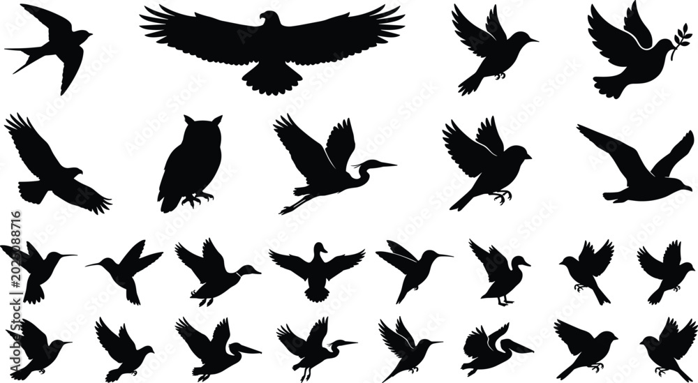 Fototapeta premium Bird Silhouette Collection Vector Set Featuring Flying Perched and Dove Birds Isolated on White Background