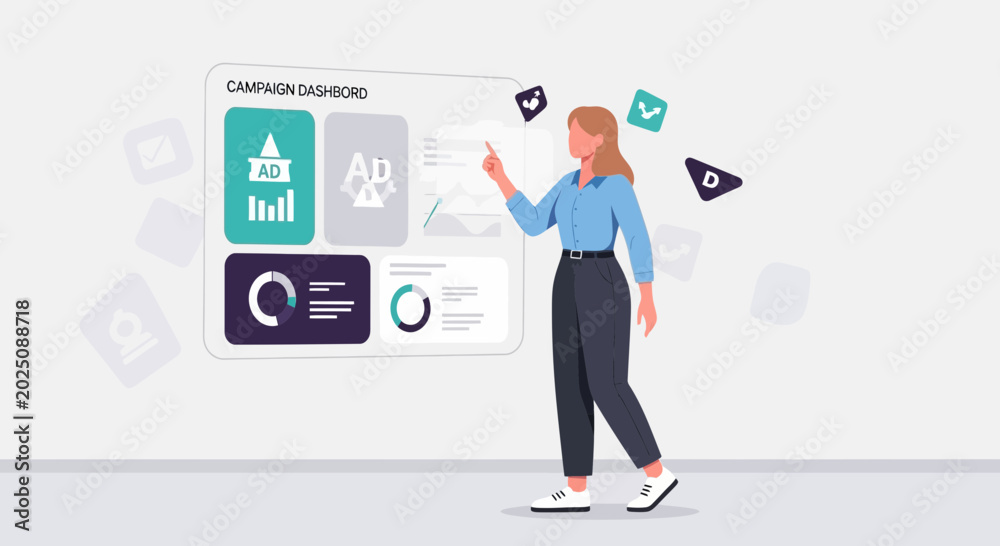 Obraz premium Woman Analyzes Campaign Dashboard Data, Digital Marketing Analysis Illustration