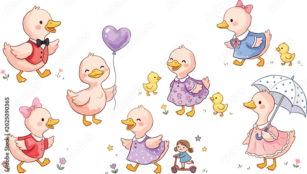 Obraz premium Set of Cute Kawaii Duckling Characters Wearing Outfits Featuring Bow Ties Dresses and Holding an Umbrella and Heart Balloon for Children Nursery and Birthday Graphic Designs