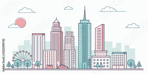 Minimal Urban Cityscape Vector, Clean Modern Buildings Flat Illustration Background
