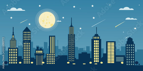 Night City Skyline Vector Illustration, Modern Flat Urban Landscape with Glowing Windows