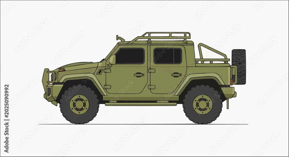Fototapeta premium A rugged, olive-green expedition vehicle with a roof rack and spare tire, ready for adventure on any terrain