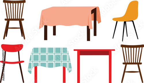 Set of Modern Home Furniture Vector Illustrations Featuring Various Dining Chairs and Tables with Colorful Tablecloths for Interior Design and House Decor Graphic Projects