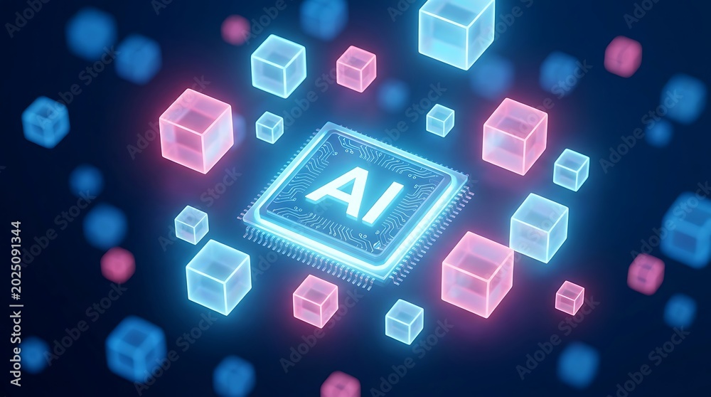 Fototapeta premium Glowing A I microchip surrounded by translucent cubes on dark blue background artificial
