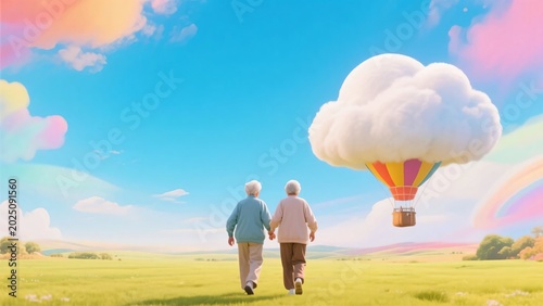 青空と草原の風景で雲を乗せた熱気球に向かって歩く老夫婦の後ろ姿、ライフスタイルをテーマにしたイメージ