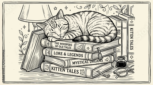 Cute Kitten Sleeping Peacefully on Stack of Vintage Books