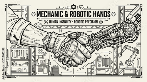 Foto Mechanic Robot Handshake: Human Ingenuity and Robotic Precision