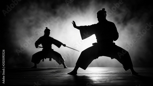 taichi. Two martial artists stand poised in dramatic silhouette, capturing intensity through stark light contrast. event key visuals, club posters, designed for fitness apps and gym onboarding.