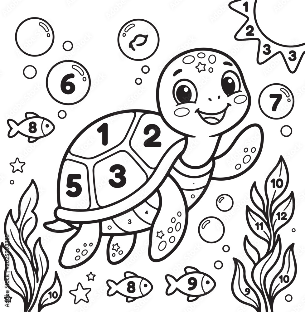 Naklejka premium Cute vector turtle with numbered shell for kids learning illustration, Generative Ai