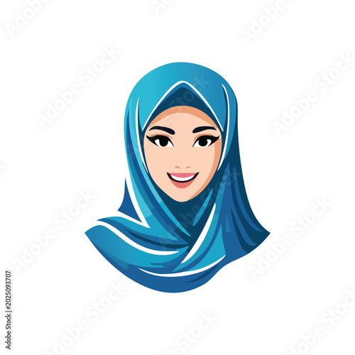 Canvas Print Smiling Muslim Woman Wearing Blue Hi jab logo design.
