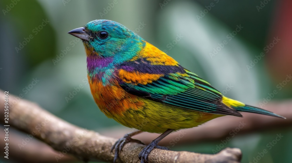 Fototapeta premium Vibrant multicolored bird perched on branch in lush environment showcasing feathers of blue, green, orange, and yellow against blurred background