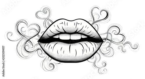 Quadro su tela Open Lips with Swirling Smoke and Hearts Illustration