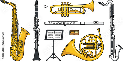 Woodwind and Brass Musical Instrument Set Featuring Saxophone, Trumpet, Clarinet, French Horn, and Flute for Jazz Band and Orchestral Music Education Designs