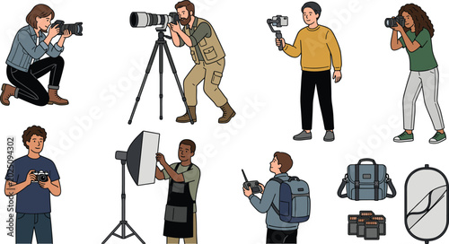 Tableau sur toile Professional Photographer and Videographer Character Set Featuring DSLR Cameras,