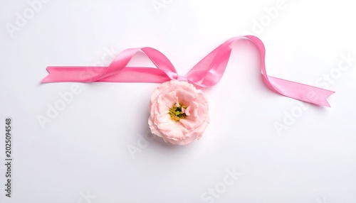 Delicate Pink Flower with Satin Ribbon Arranged on White Background