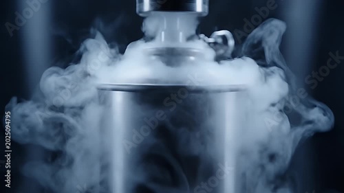 Liquid nitrogen vapor escaping from a steel cryogenic container in a dark laboratory.