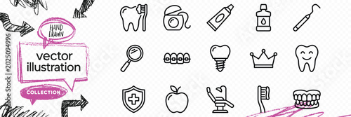 Tableau sur toile Line art outline vector icon set of dental dentist oral care teeth hygiene brush
