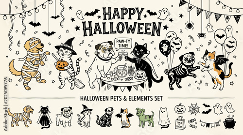 Happy Halloween Pets Set: Mummy Dog, Witch Cat, Skeleton Dog, Bats, Ghosts